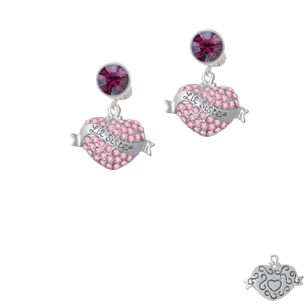 Lil Sister Banner on Pink Crystal Heart Crystal Clip On Earrings Image 8