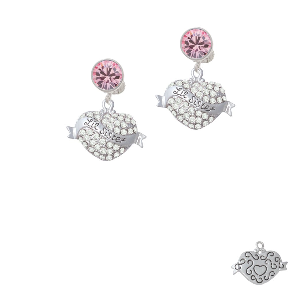 Lil Sister Banner on Clear Crystal Heart Crystal Clip On Earrings Image 1