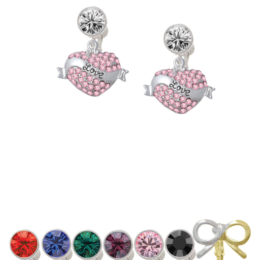 Love Banner on Pink Crystal Heart Crystal Clip On Earrings Image 1