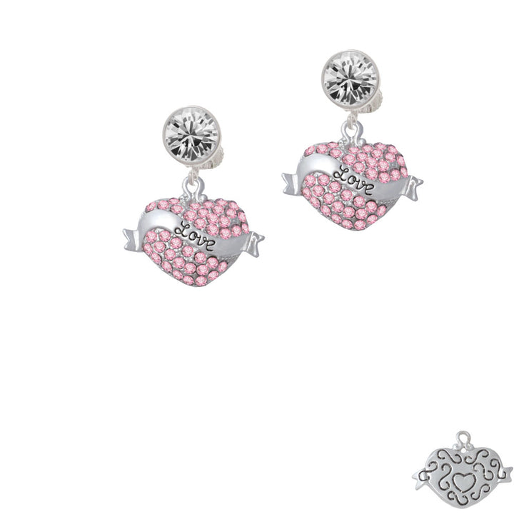 Love Banner on Pink Crystal Heart Crystal Clip On Earrings Image 2