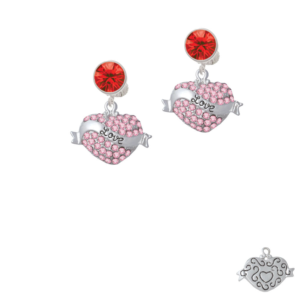 Love Banner on Pink Crystal Heart Crystal Clip On Earrings Image 4