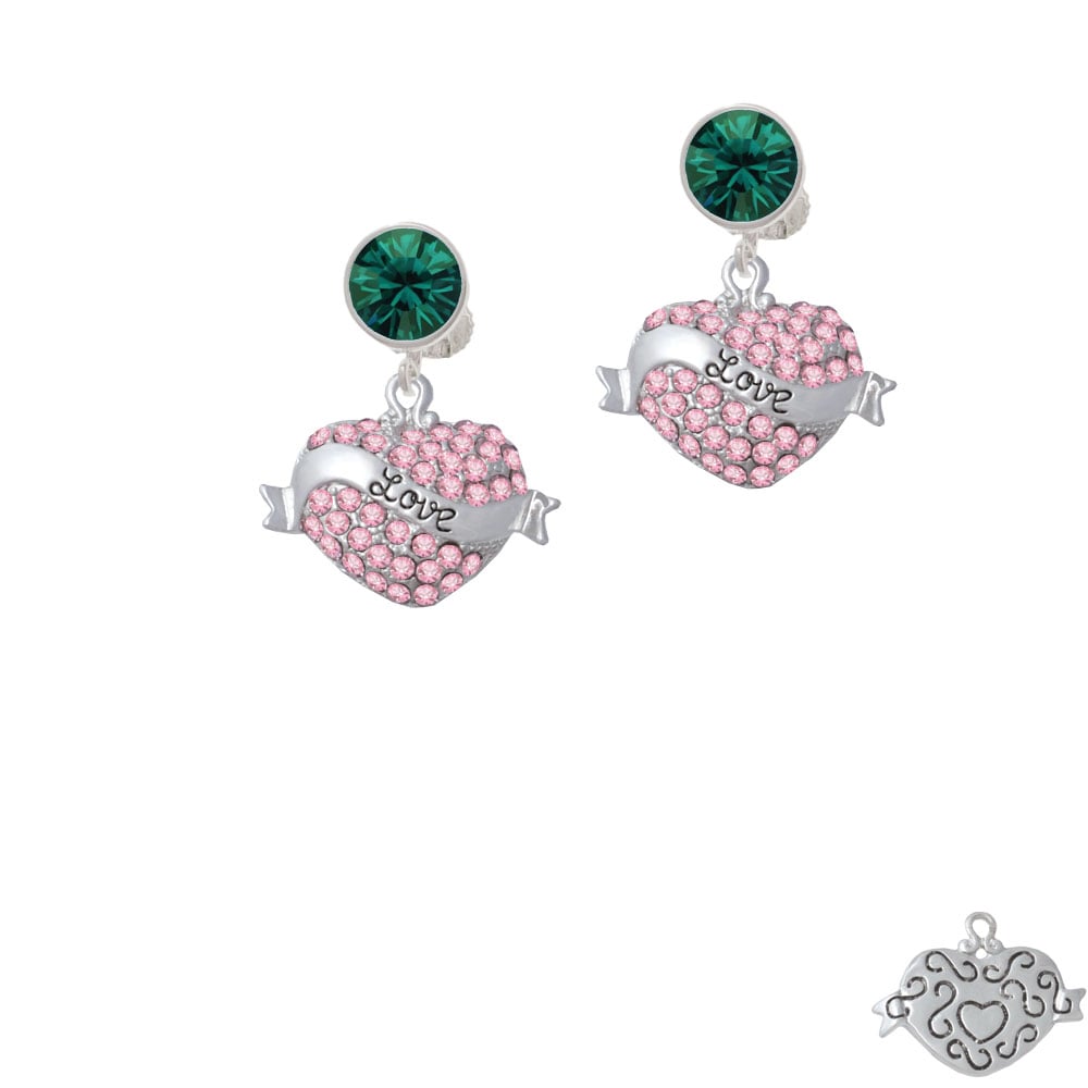 Love Banner on Pink Crystal Heart Crystal Clip On Earrings Image 1