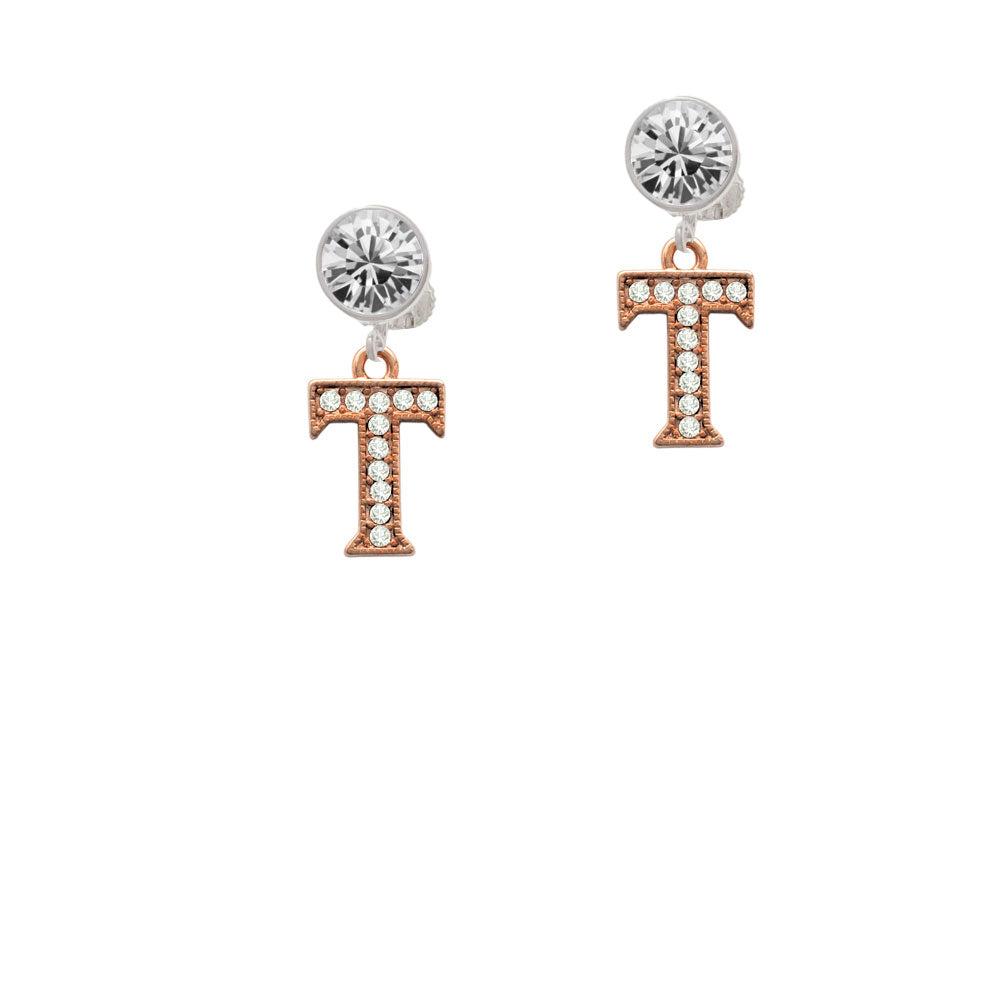 Crystal Rose Gold Tone Initial - T - Crystal Clip On Earrings Image 2