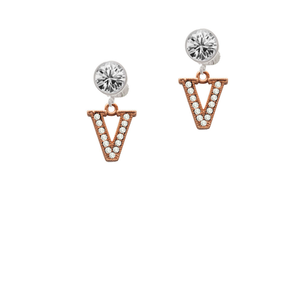 Crystal Rose Gold Tone Initial - V - Crystal Clip On Earrings Image 2