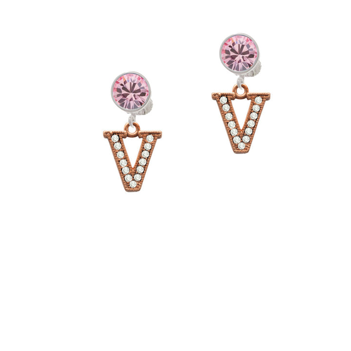 Crystal Rose Gold Tone Initial - V - Crystal Clip On Earrings Image 4