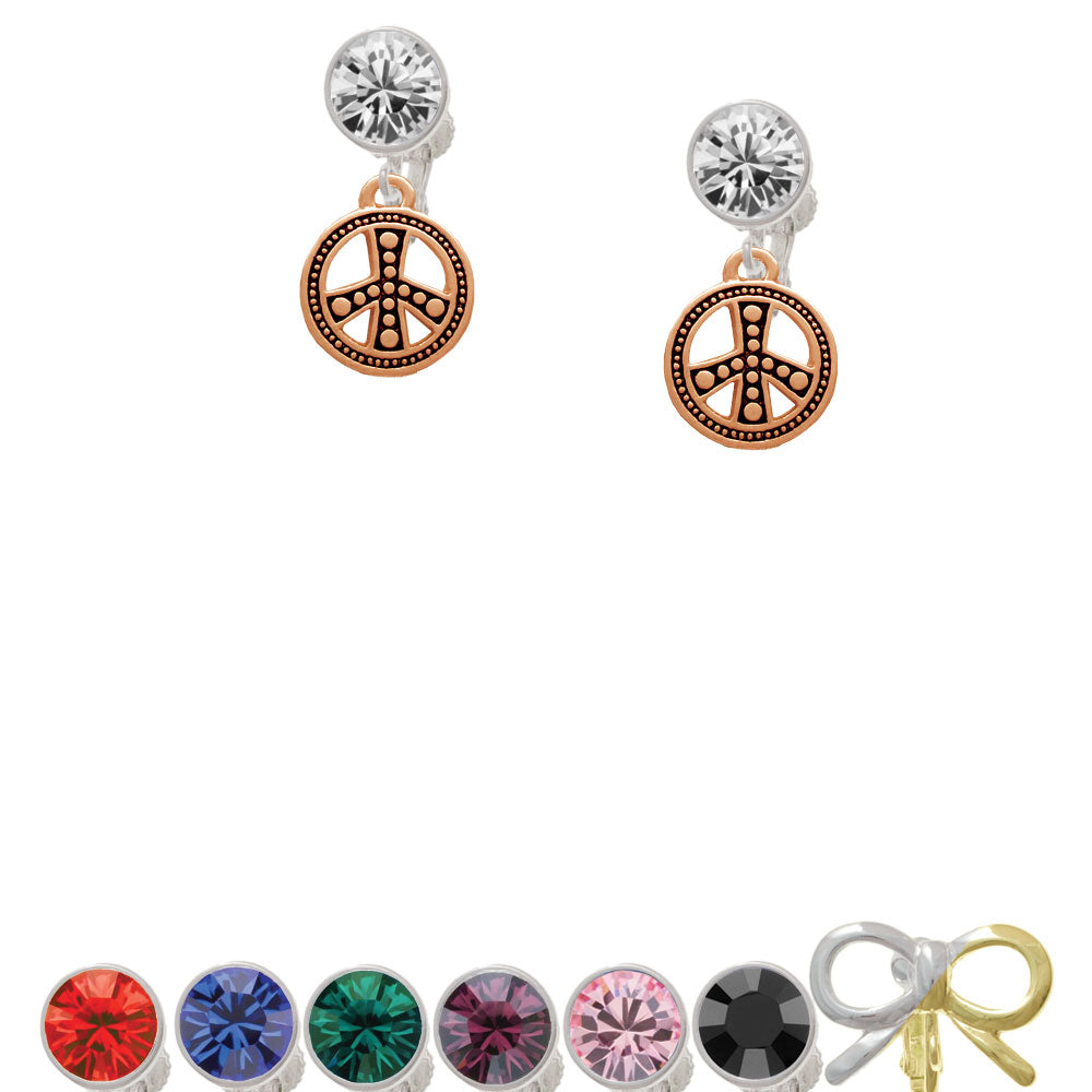 Beaded Rose Gold Tone Peace Sign Crystal Clip On Earrings Image 1