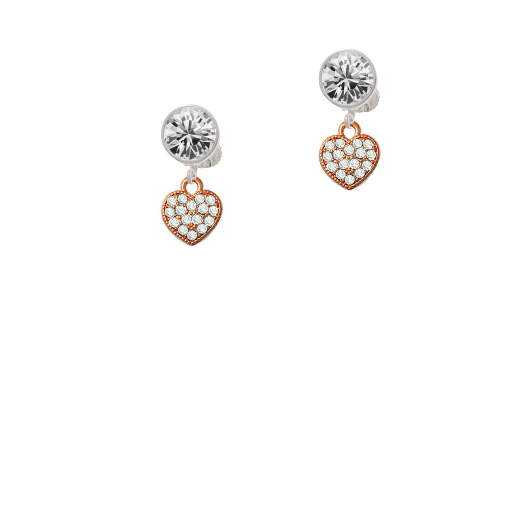 Small Rose Gold Tone Heart with Clear Crystals Crystal Clip On Earrings Image 2