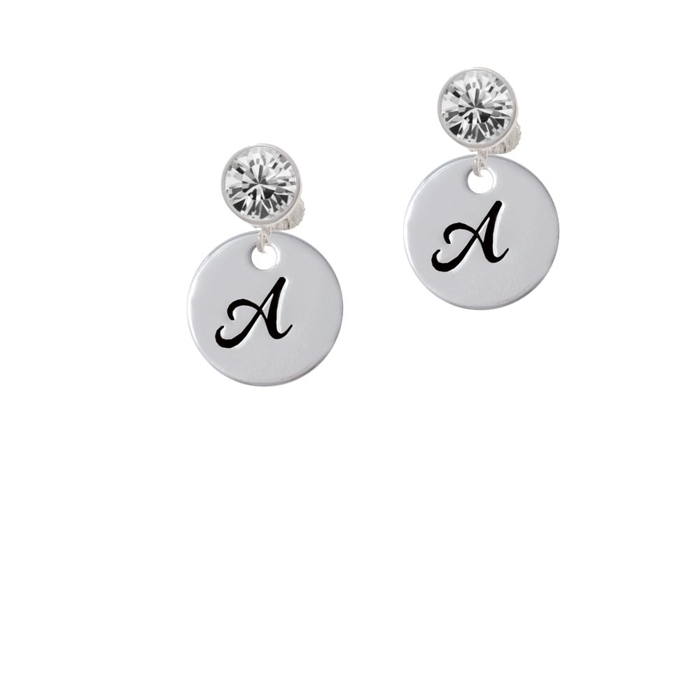 Large Script Letter - A - 3/4 Disc - Crystal Clip On Earrings Image 2