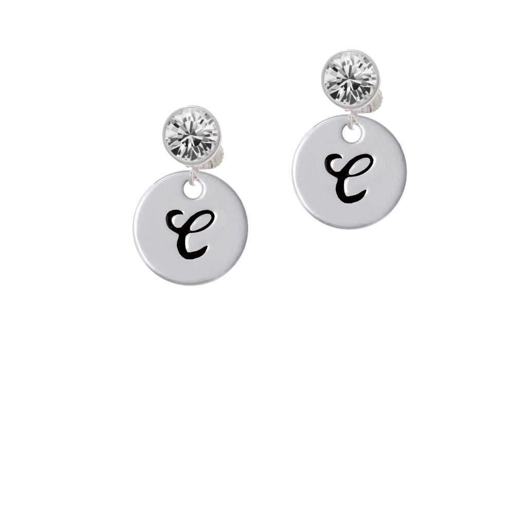 Large Script Letter - C - 3/4 Disc - Crystal Clip On Earrings Image 2