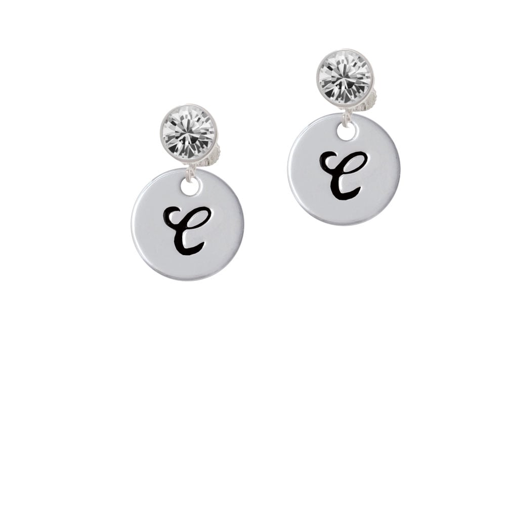 Large Script Letter - C - 3/4 Disc - Crystal Clip On Earrings Image 1