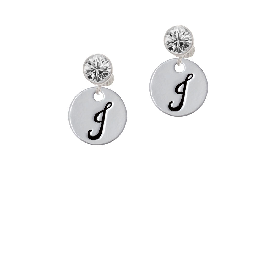 Large Script Letter - J - 3/4 Disc - Crystal Clip On Earrings Image 2