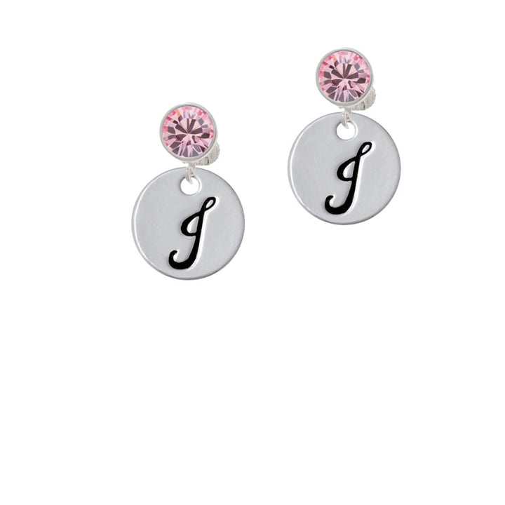 Large Script Letter - J - 3/4 Disc - Crystal Clip On Earrings Image 1