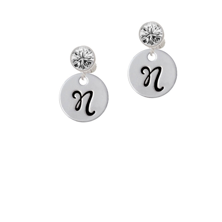 Large Script Letter - N - 3/4 Disc - Crystal Clip On Earrings Image 2