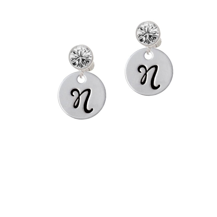 Large Script Letter - N - 3/4 Disc - Crystal Clip On Earrings Image 1