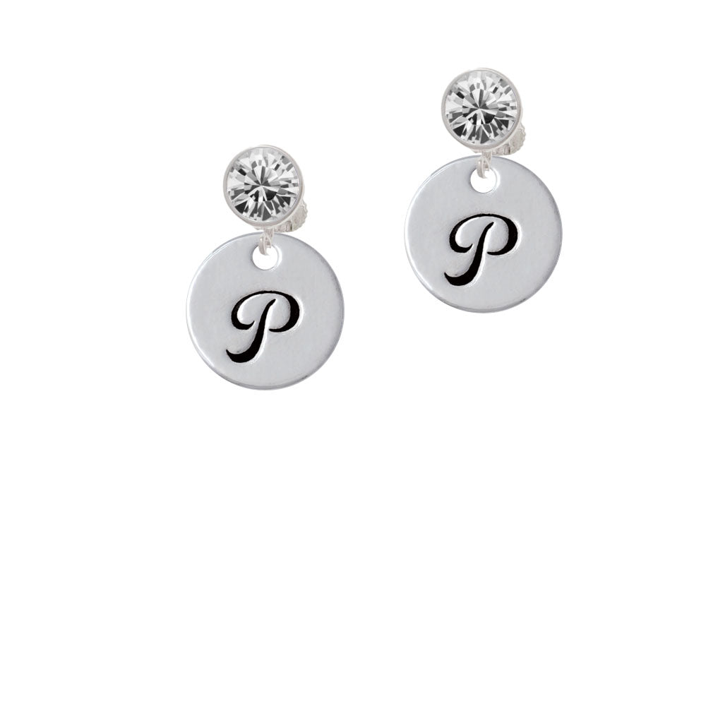 Large Script Letter - P - 3/4 Disc - Crystal Clip On Earrings Image 2