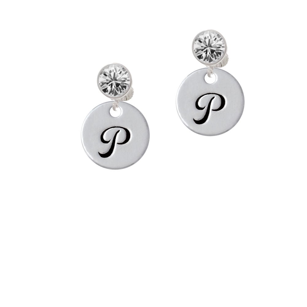 Large Script Letter - P - 3/4 Disc - Crystal Clip On Earrings Image 1