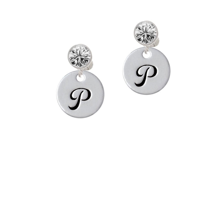 Large Script Letter - P - 3/4 Disc - Crystal Clip On Earrings Image 1