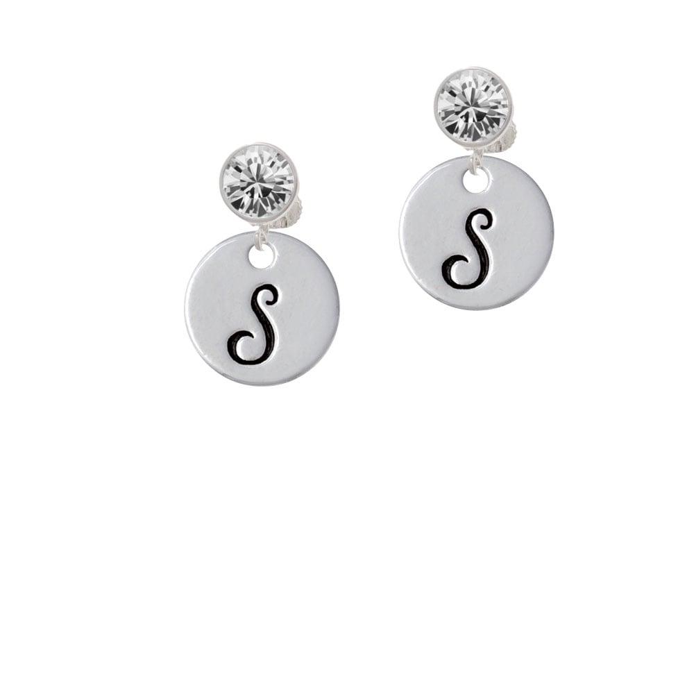 Large Script Letter - S - 3/4 Disc - Crystal Clip On Earrings Image 1