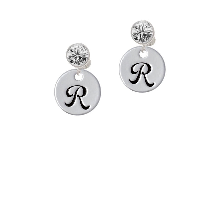 Large Script Letter - R - 3/4 Disc - Crystal Clip On Earrings Image 2