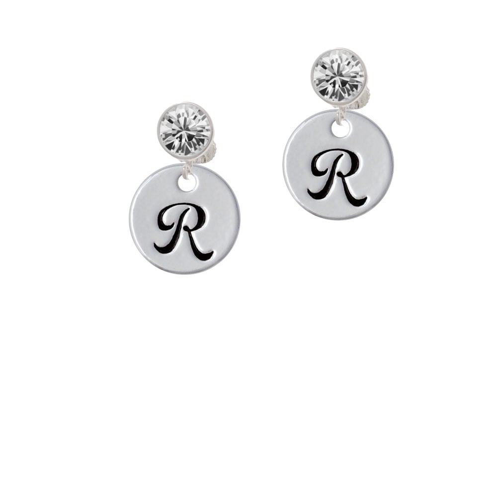 Large Script Letter - R - 3/4 Disc - Crystal Clip On Earrings Image 1