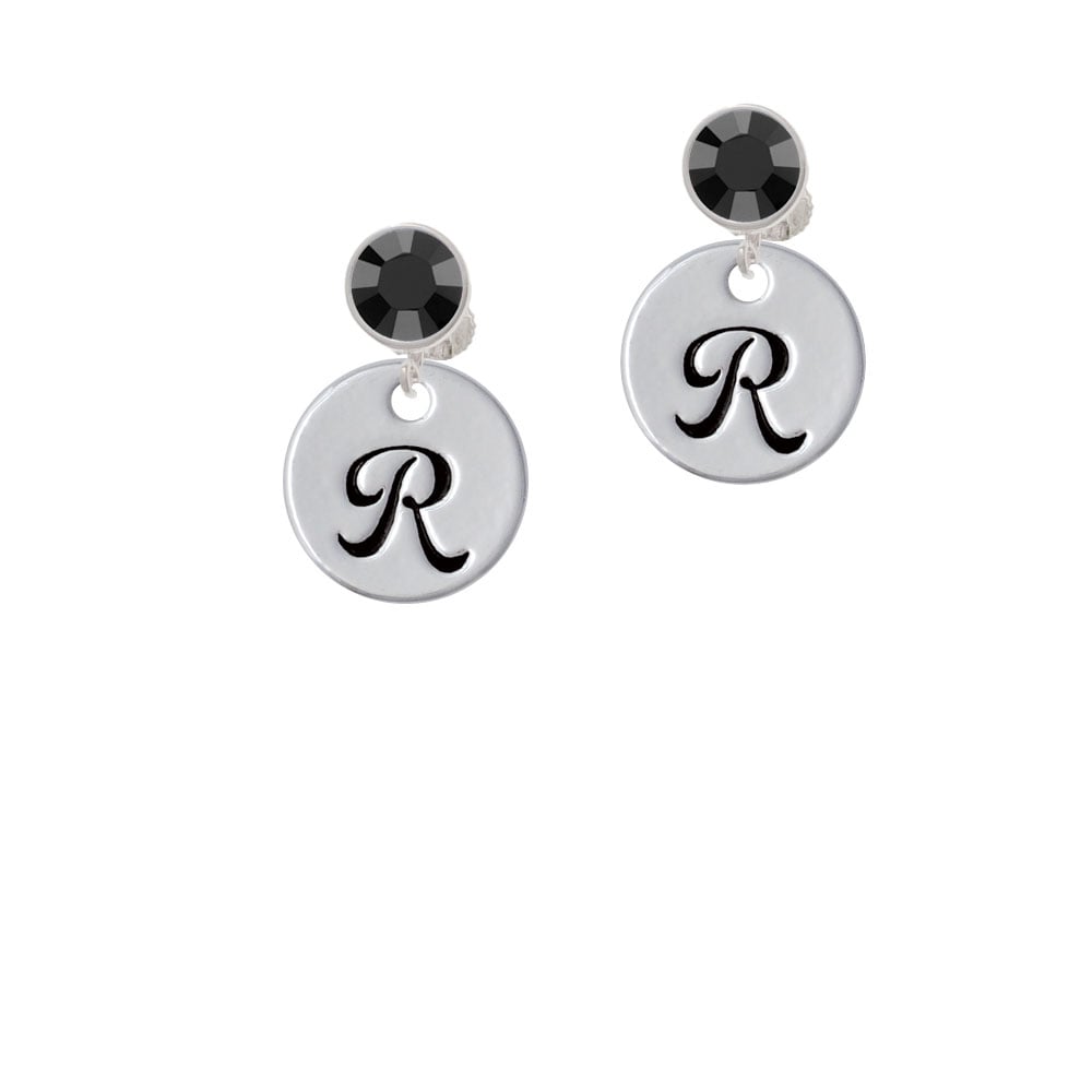 Large Script Letter - R - 3/4 Disc - Crystal Clip On Earrings Image 1