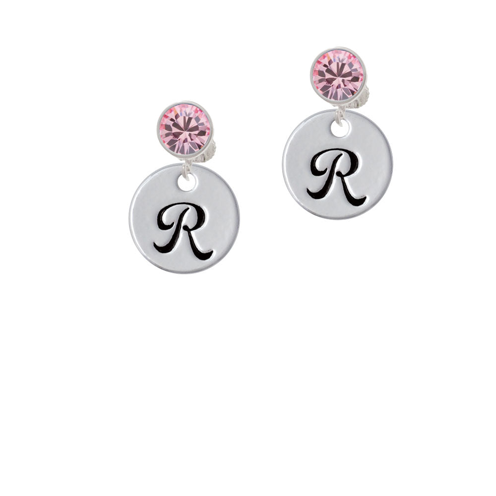 Large Script Letter - R - 3/4 Disc - Crystal Clip On Earrings Image 4