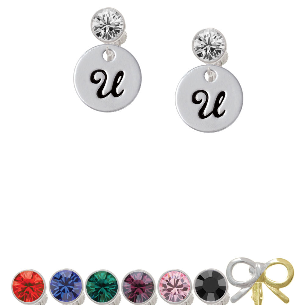 Large Script Letter - U - 3/4 Disc - Crystal Clip On Earrings Image 1