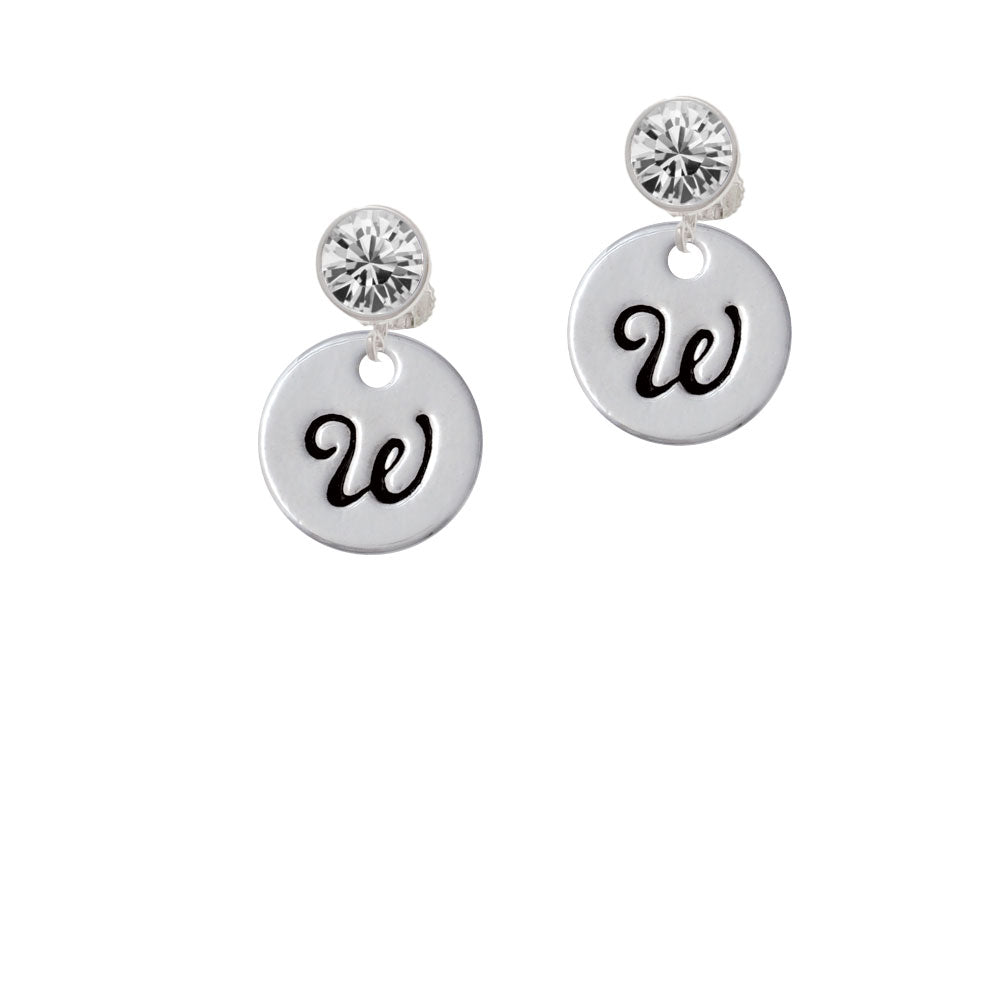 Large Script Letter - W - 3/4 Disc - Crystal Clip On Earrings Image 2