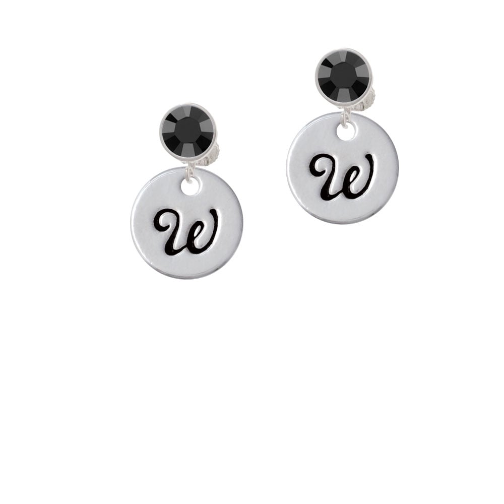 Large Script Letter - W - 3/4 Disc - Crystal Clip On Earrings Image 1