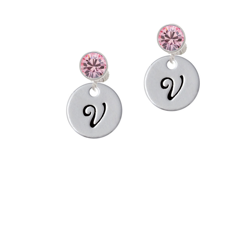 Large Script Letter - V - 3/4 Disc - Crystal Clip On Earrings Image 4