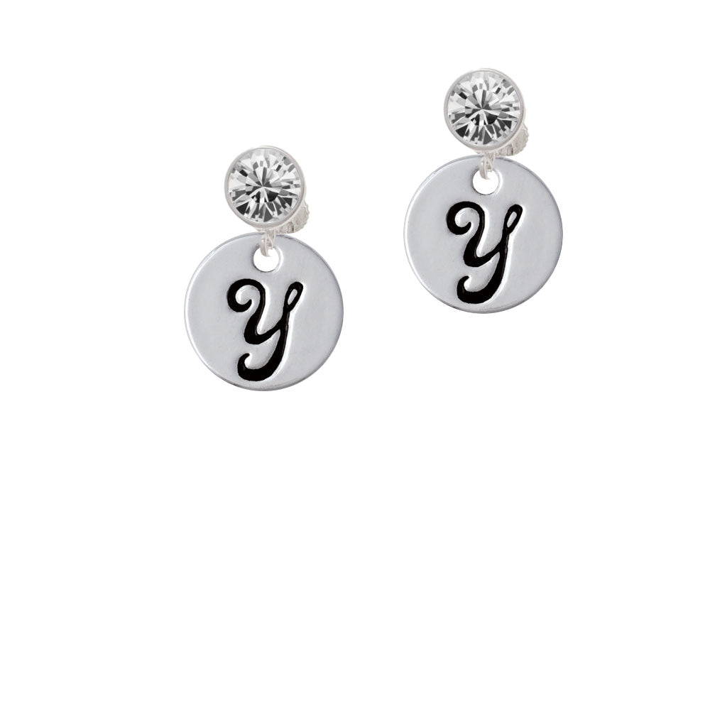 Large Script Letter - Y - 3/4 Disc - Crystal Clip On Earrings Image 2