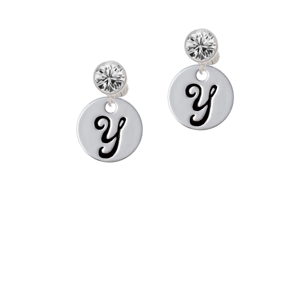 Large Script Letter - Y - 3/4 Disc - Crystal Clip On Earrings Image 1