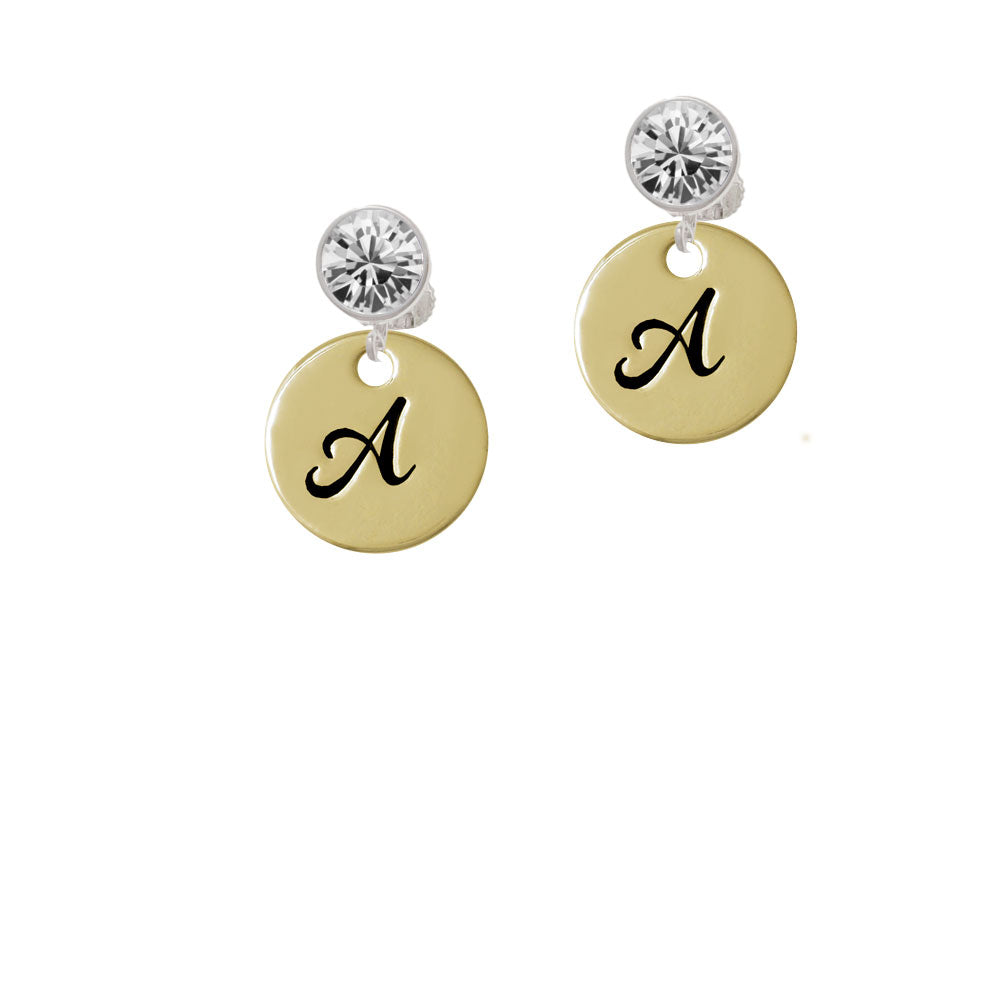 Large Gold Tone Disc Letter - A - 3/4 Crystal Clip On Earrings Image 2