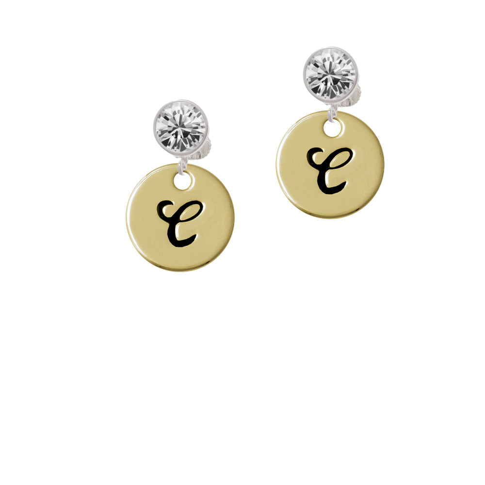 Large Gold Tone Disc Letter - C - 3/4 Crystal Clip On Earrings Image 2