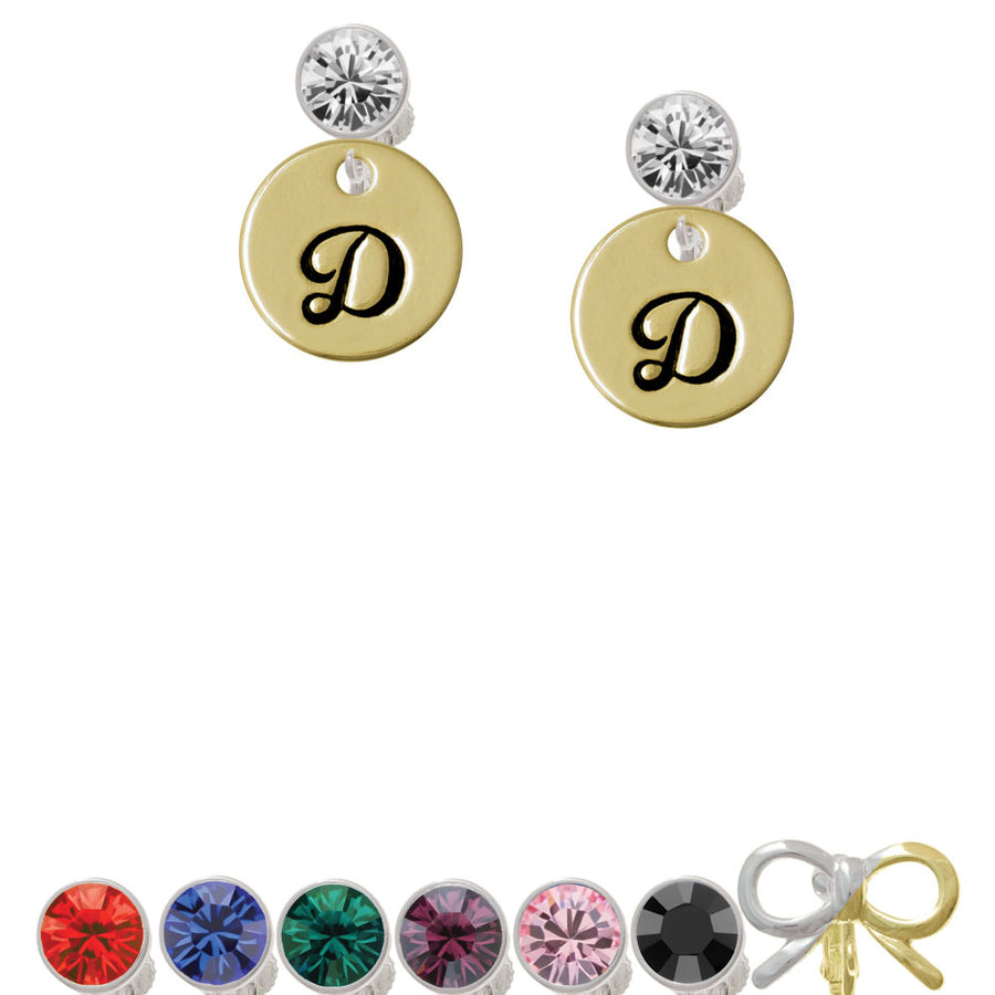 Large Gold Tone Disc Letter - D - 3/4 Crystal Clip On Earrings Image 1