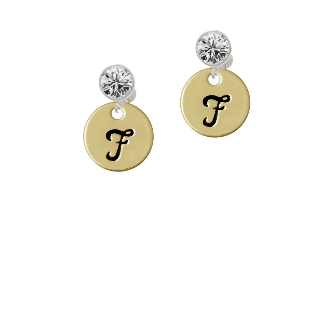 Large Gold Tone Disc Letter - F - 3/4 Crystal Clip On Earrings Image 2