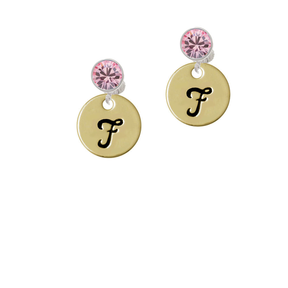 Large Gold Tone Disc Letter - F - 3/4 Crystal Clip On Earrings Image 4