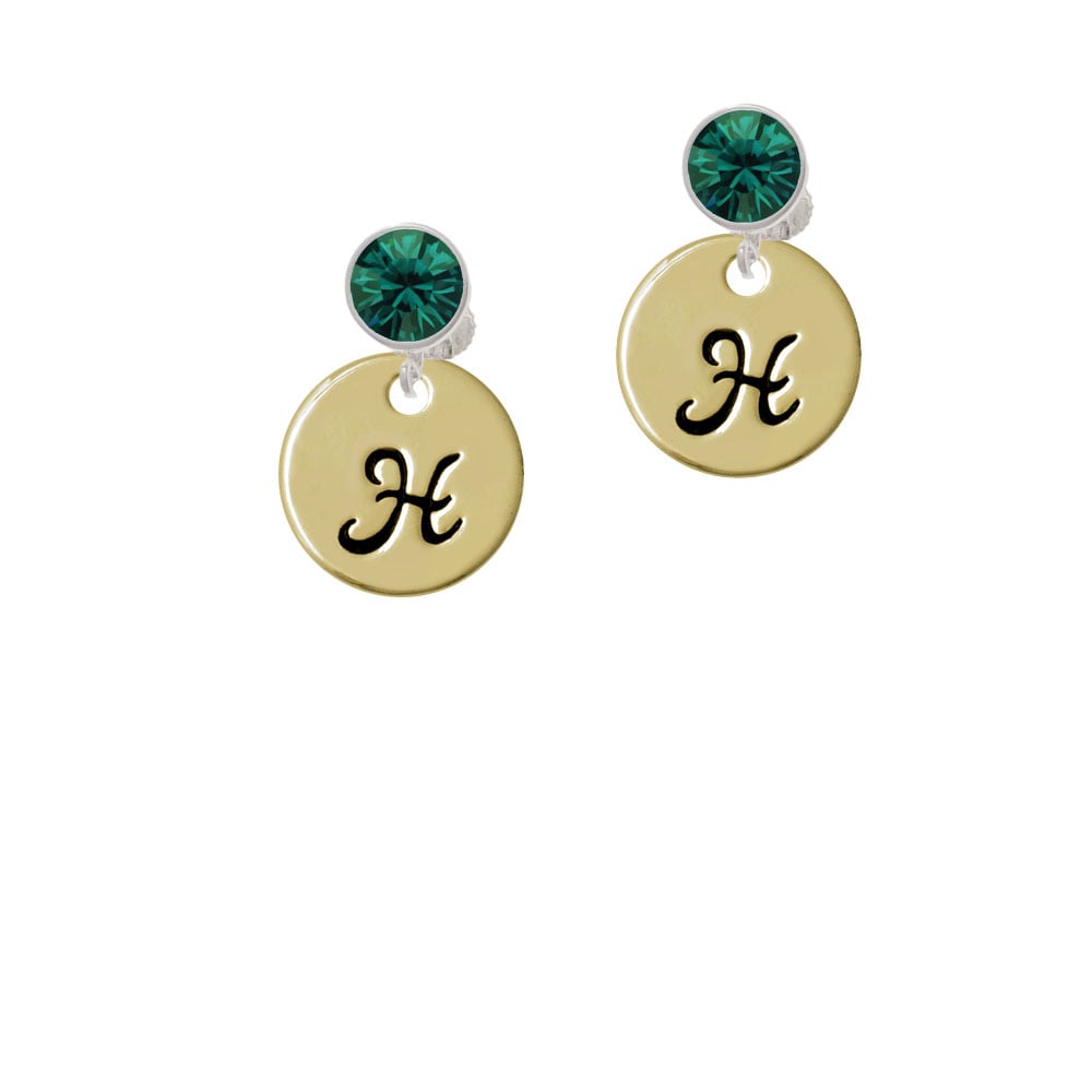 Large Gold Tone Disc Letter - H - 3/4 Crystal Clip On Earrings Image 1