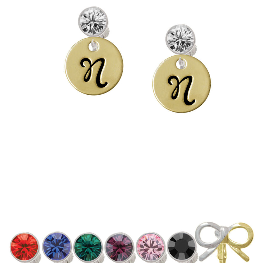 Large Gold Tone Disc Letter - N - 3/4 Crystal Clip On Earrings Image 1