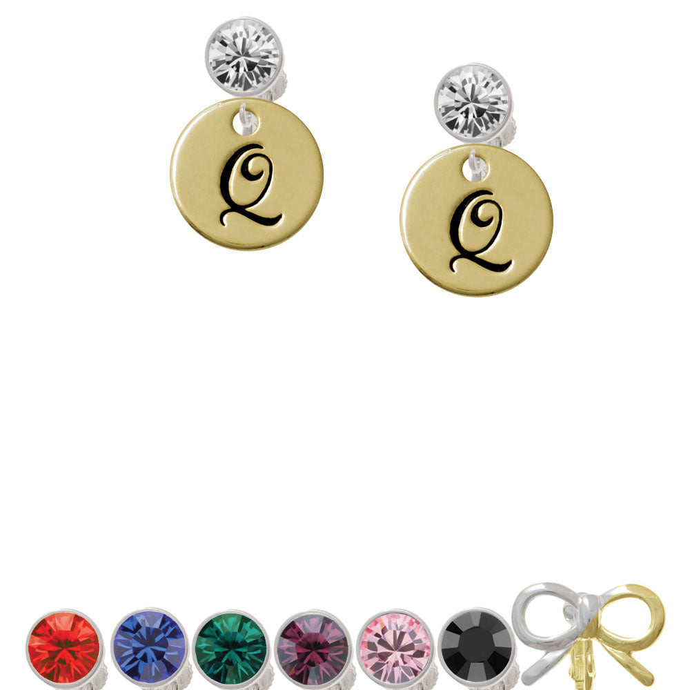 Large Gold Tone Disc Letter - Q - 3/4 Crystal Clip On Earrings Image 1