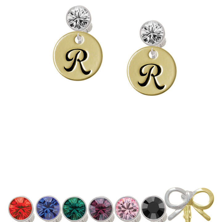 Large Gold Tone Disc Letter - R - 3/4 Crystal Clip On Earrings Image 1