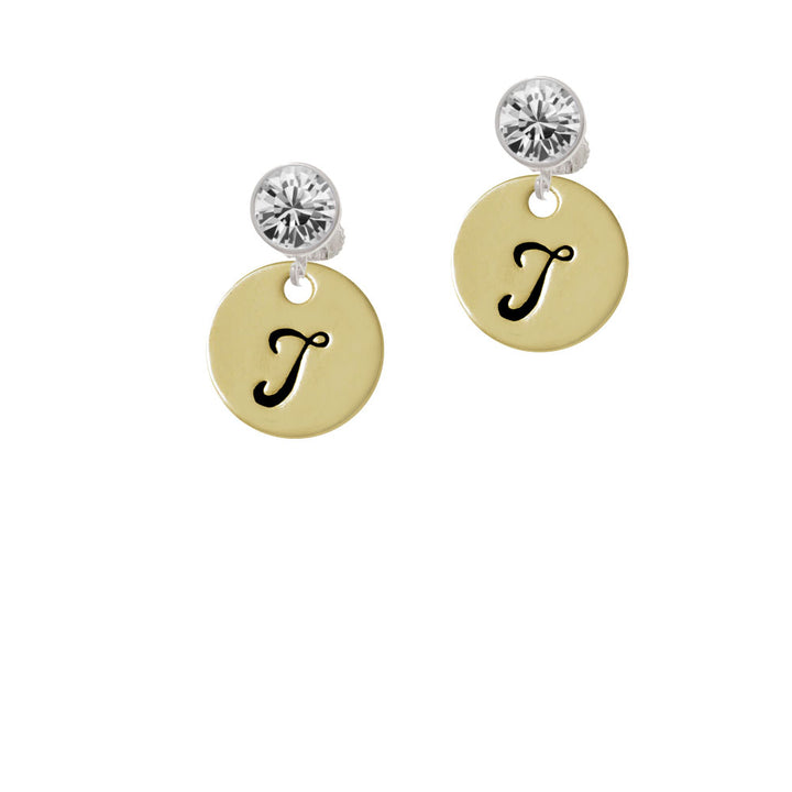 Large Gold Tone Disc Letter - T - 3/4 Crystal Clip On Earrings Image 2