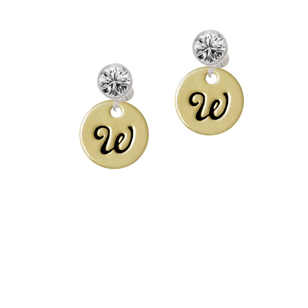 Large Gold Tone Disc Letter - W - 3/4 Crystal Clip On Earrings Image 2