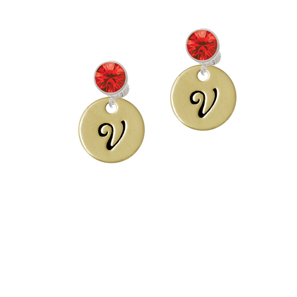 Large Gold Tone Disc Letter - V - 3/4 Crystal Clip On Earrings Image 4