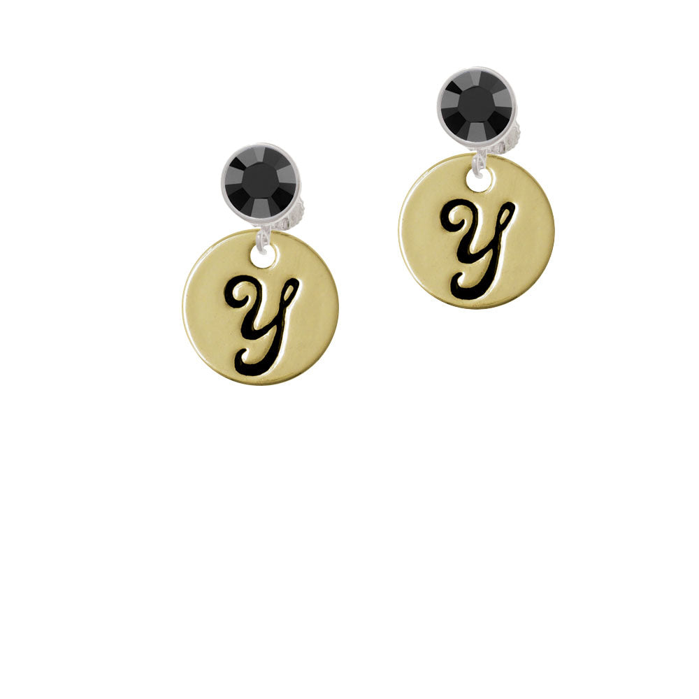 Large Gold Tone Disc Letter - Y - 3/4 Crystal Clip On Earrings Image 3