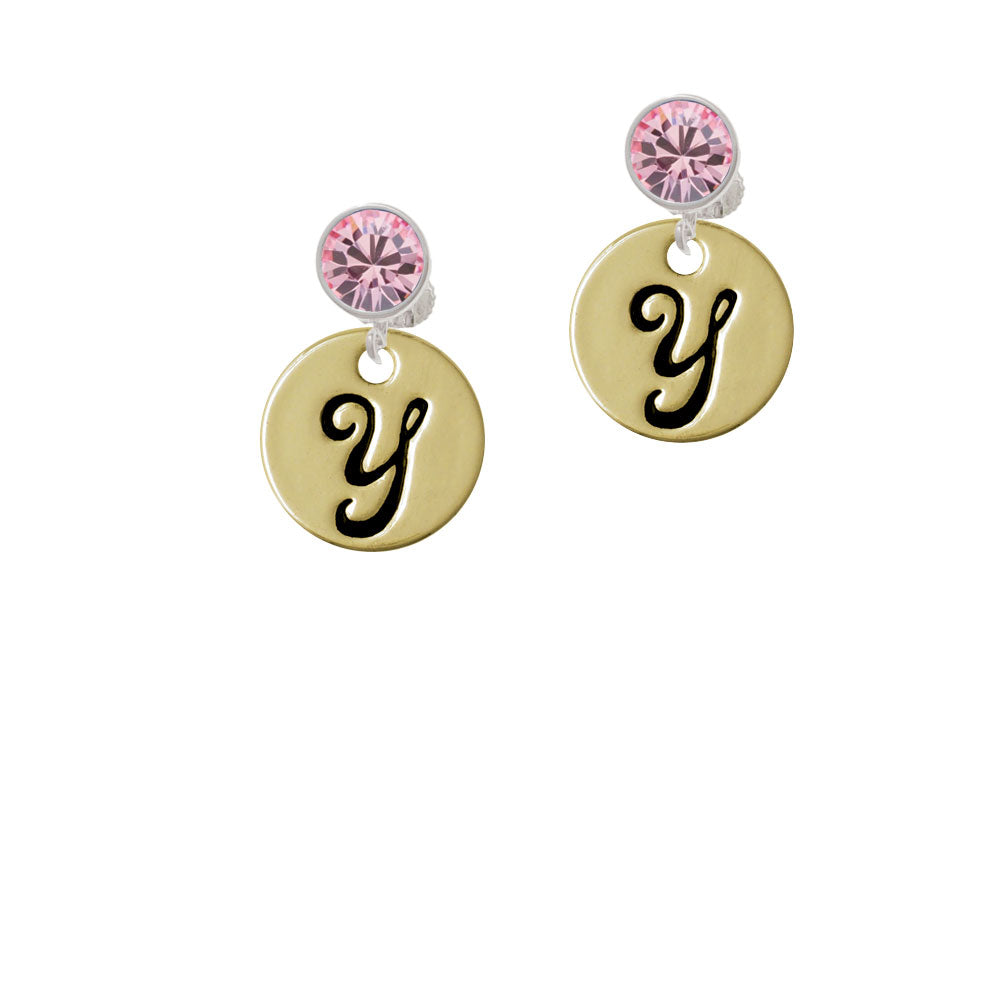 Large Gold Tone Disc Letter - Y - 3/4 Crystal Clip On Earrings Image 4