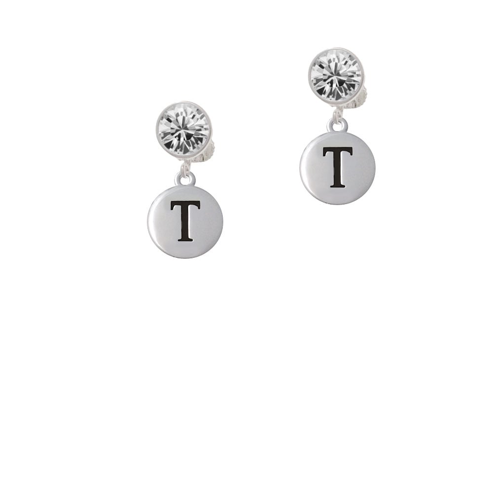 Capital Letter - T - Pebble Disc - Crystal Clip On Earrings Image 1