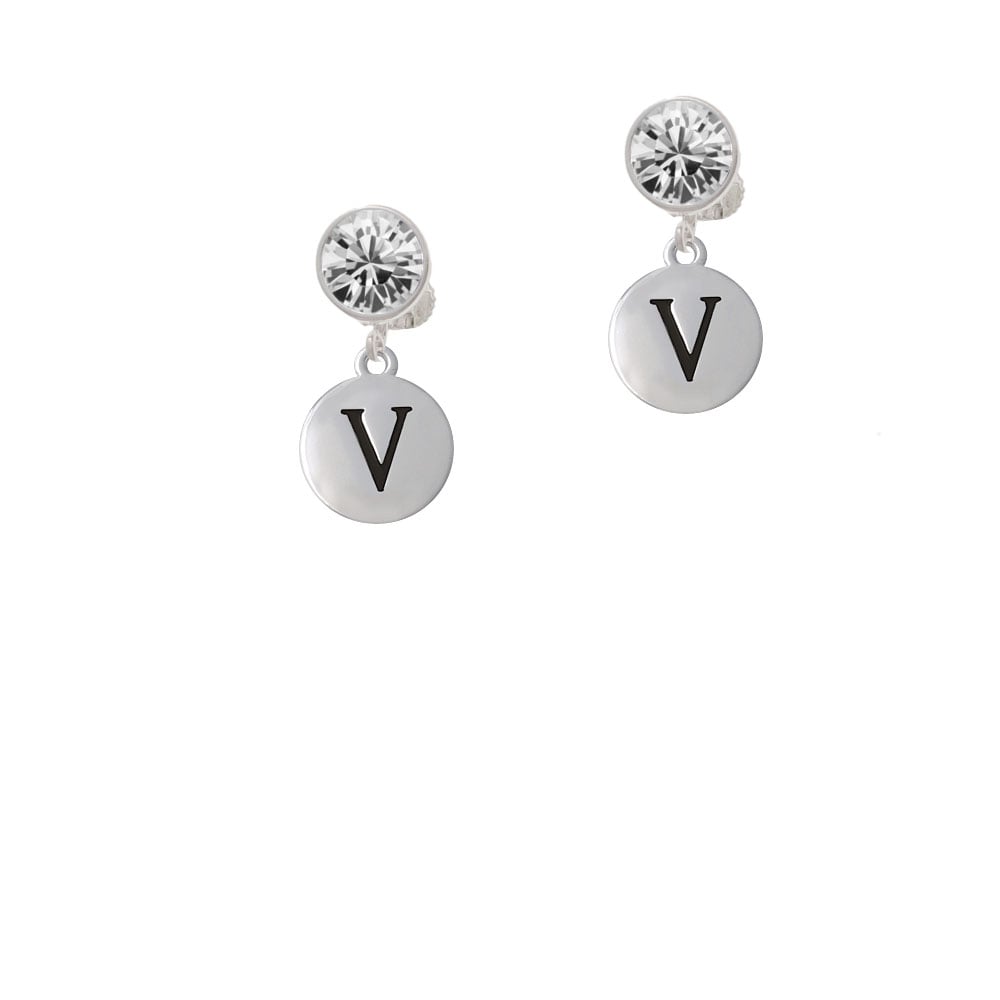 Capital Letter - V - Pebble Disc - Crystal Clip On Earrings Image 2