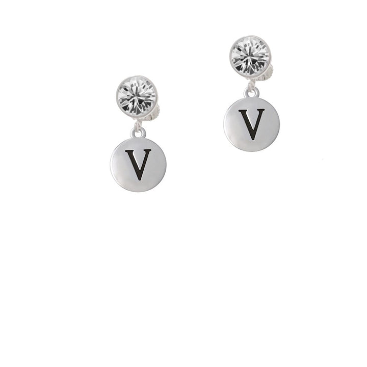 Capital Letter - V - Pebble Disc - Crystal Clip On Earrings Image 1