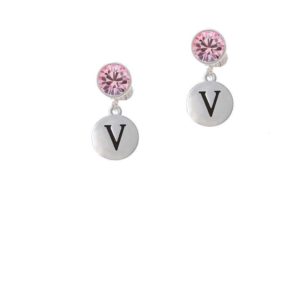 Capital Letter - V - Pebble Disc - Crystal Clip On Earrings Image 1